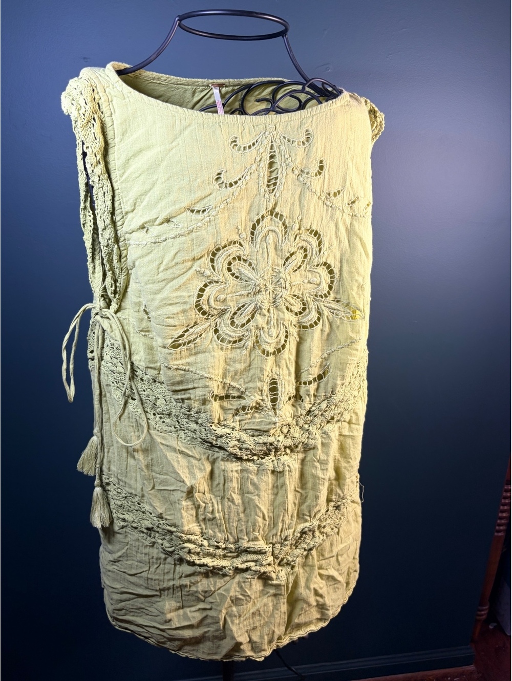 Free People Olive Green Embroidered Crochet Cutout Boho Tunic Top Size L